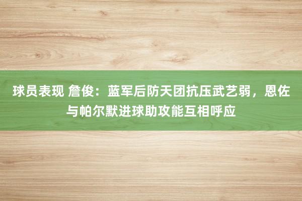 球员表现 詹俊：蓝军后防天团抗压武艺弱，恩佐与帕尔默进球助攻能互相呼应